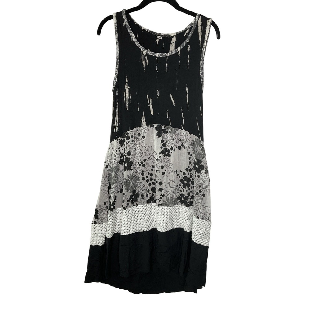 Mezon Black Sleeveless Tiered Mixed Media‎ Hi-Lo Dress Embroidered Lace Floral M